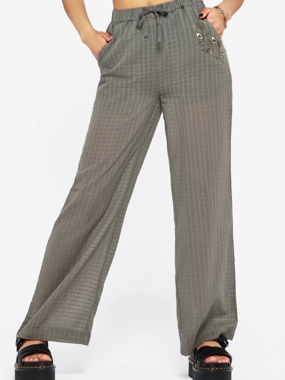 Disturbia Koax Gray Cotton Plaid Embroidered Wide Leg Pants US 10